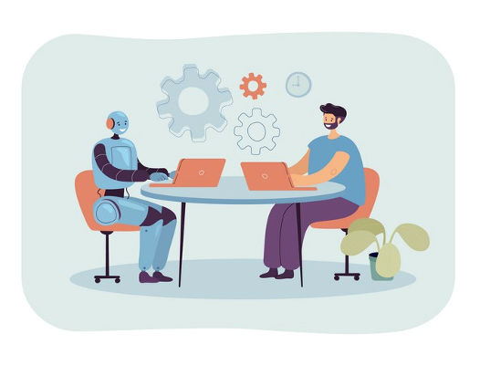 robot and person sitting at table
